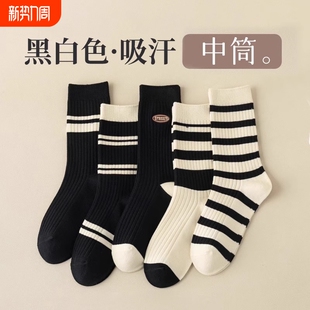 袜子女中筒袜春秋纯棉条纹ins潮女生夏季 长袜绿色白色黑白 薄款