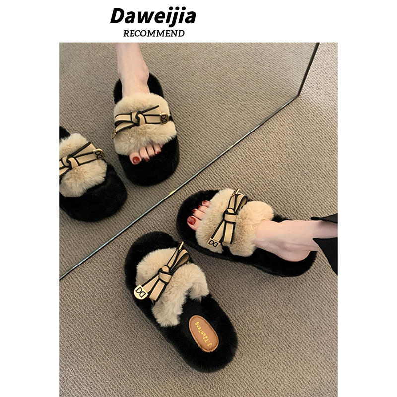 增高3cm毛毛棉拖鞋女2025秋冬新款蝴蝶结网红居家外穿毛绒鞋子