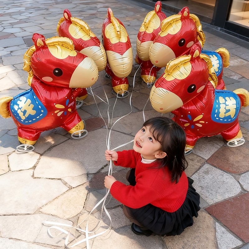 马年生肖卡通小马气球新年铝膜带轮子拉绳走路儿童礼品拍照道具