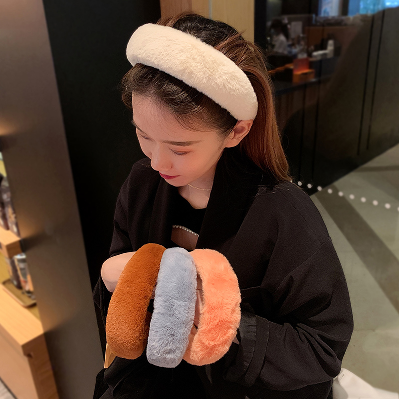 韩版秋冬毛毛发饰加厚毛绒发箍女复古高颅顶宽边压发卡白色头箍女