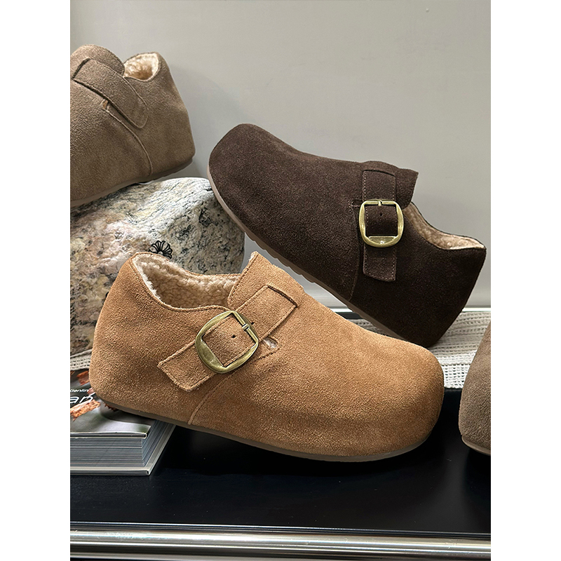 5CM复古磨砂皮加绒勃肯鞋女2025新款透气休闲鞋一脚蹬毛毛棉鞋女