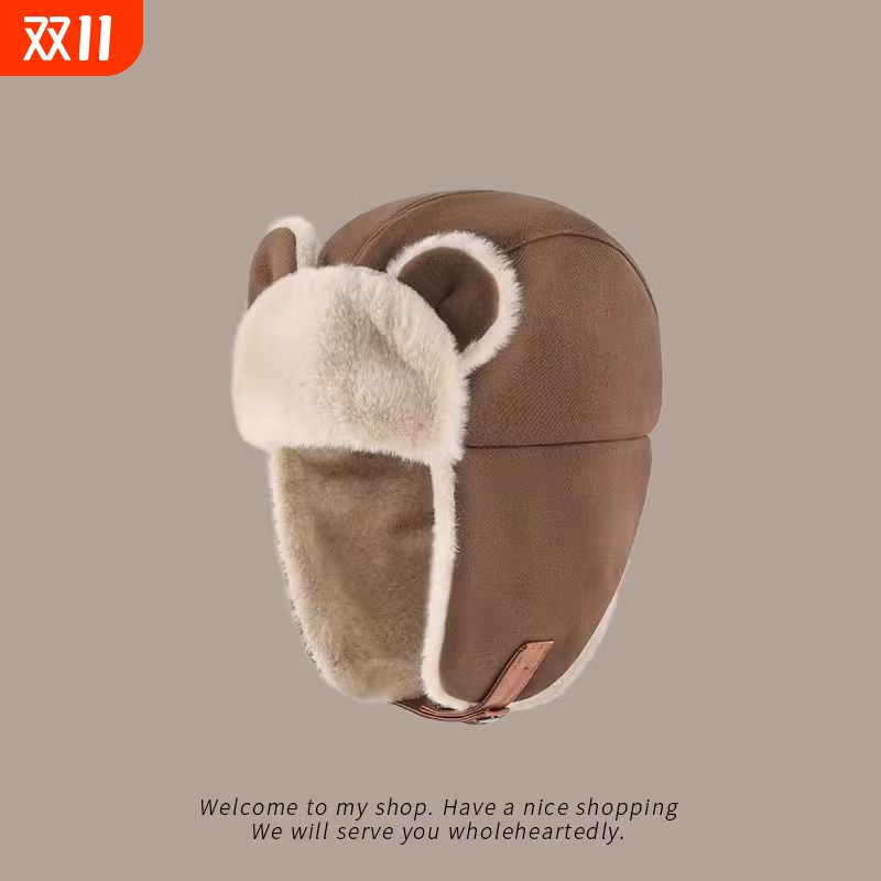 新款小熊耳朵毛绒帽子女秋冬季骑车防风加厚保暖护耳防寒雷锋帽