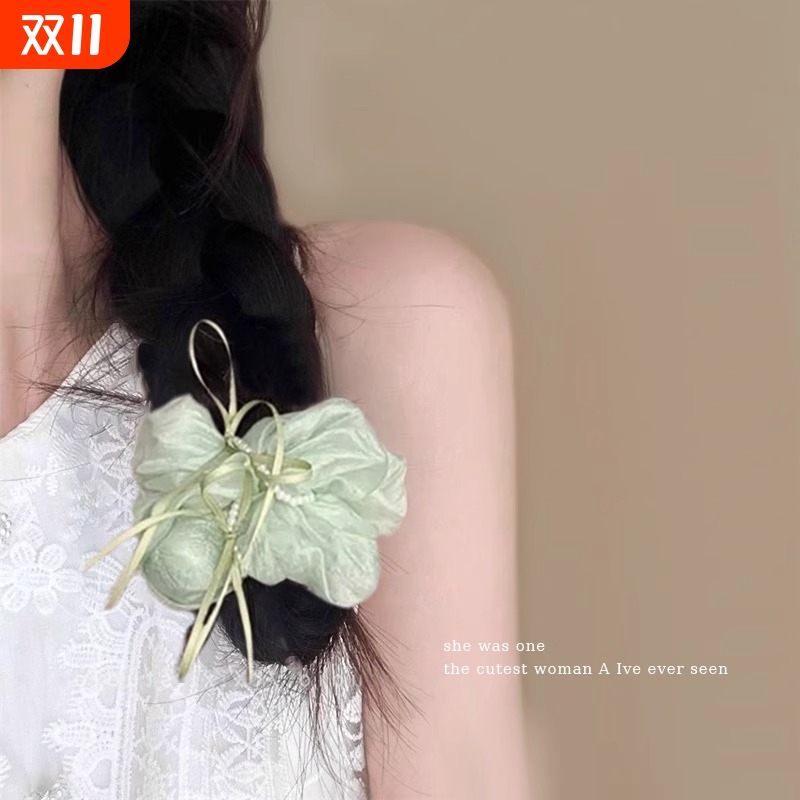温柔珍珠蝴蝶结大肠发圈女高级感扎头头绳绿色森系发绳麻花辫发饰