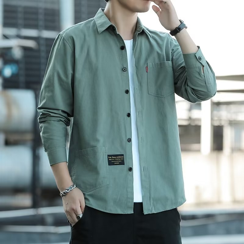纯棉长袖衬衫男士工装宽松休闲衬衣男秋装港风2024年秋冬外穿黑色