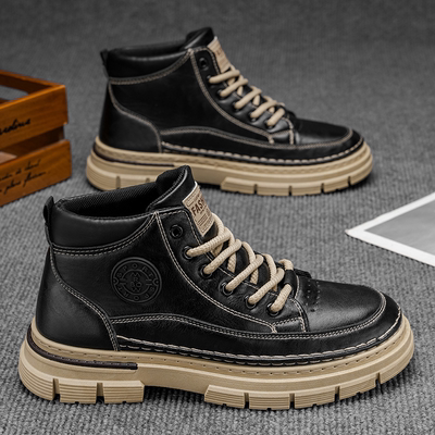 男士马丁靴秋季男鞋防水英伦风高帮工装鞋子男款黑色休闲皮鞋潮流