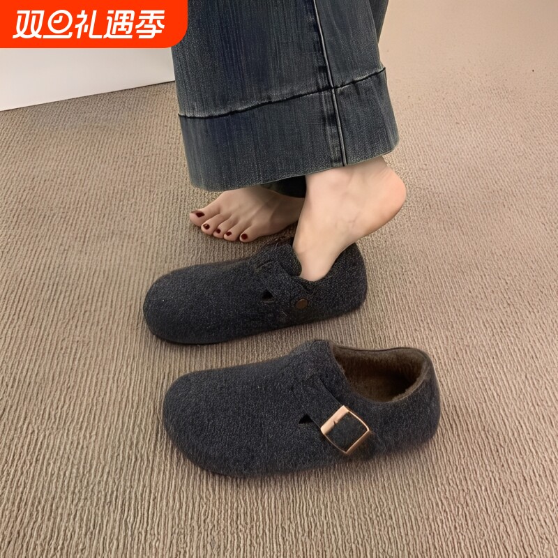 全包灰色勃肯鞋女鞋子2025秋冬新款爆款一脚蹬懒人鞋加绒博肯棉鞋