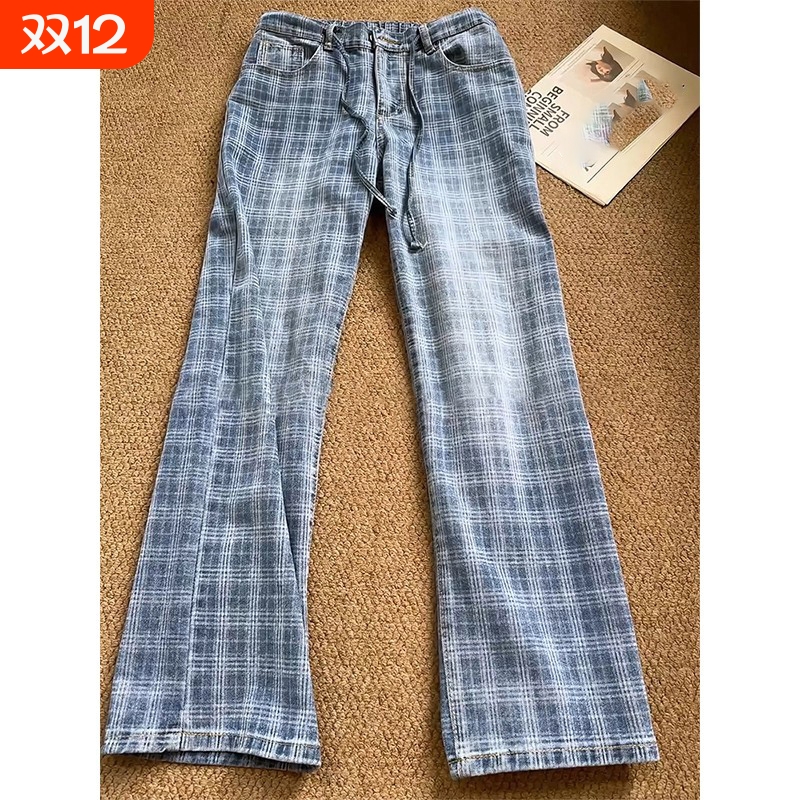 cleanfit蓝色格子牛仔裤男复古运动水洗做旧弯刀裤子直筒微喇长裤