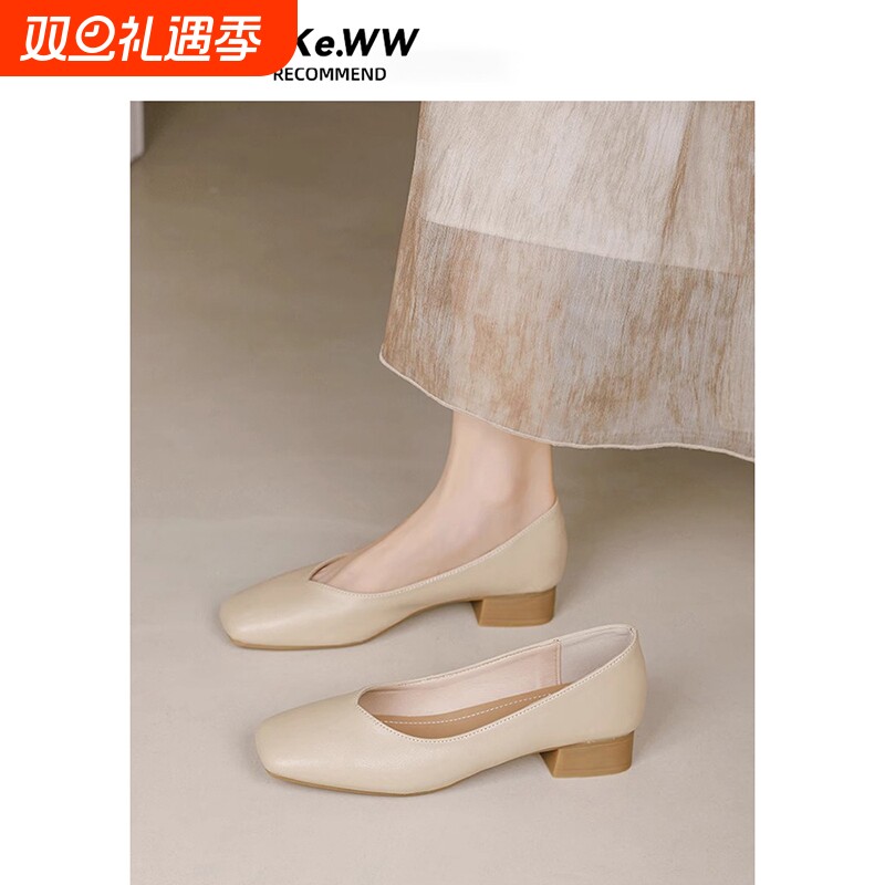 裸色真皮奶奶鞋女粗跟2025年新款法式中跟女鞋夏季软皮不累脚单鞋