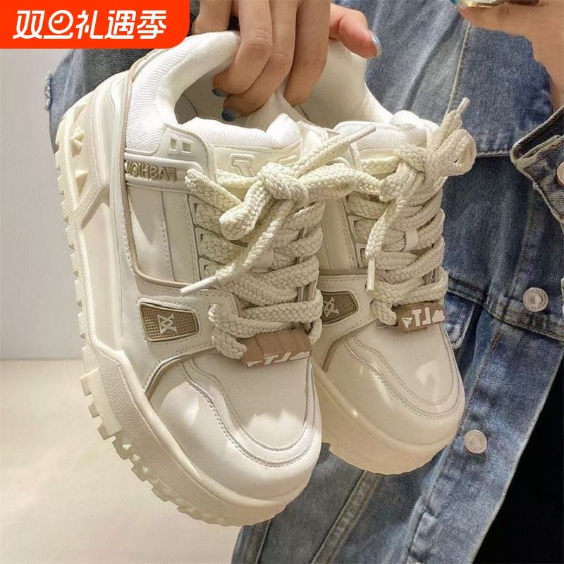 欧货系带大头面包鞋2025春新款厚底松糕小胖丁休闲板鞋小白运动鞋