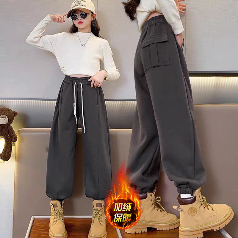 女童运动裤秋冬2025新款女大童儿童哈伦裤宽松卫裤女孩加绒裤子潮