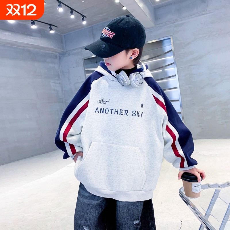 男童秋冬韩系撞色加绒连帽卫衣2025新款儿童男孩冬季运动上衣薄款