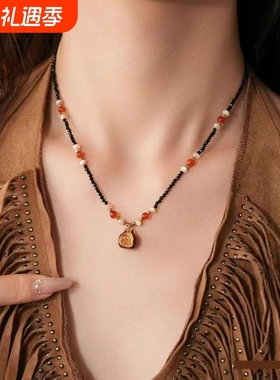 中式流金韵彩小众石榴国风原创项链复古高级气质设计串珠毛衣链