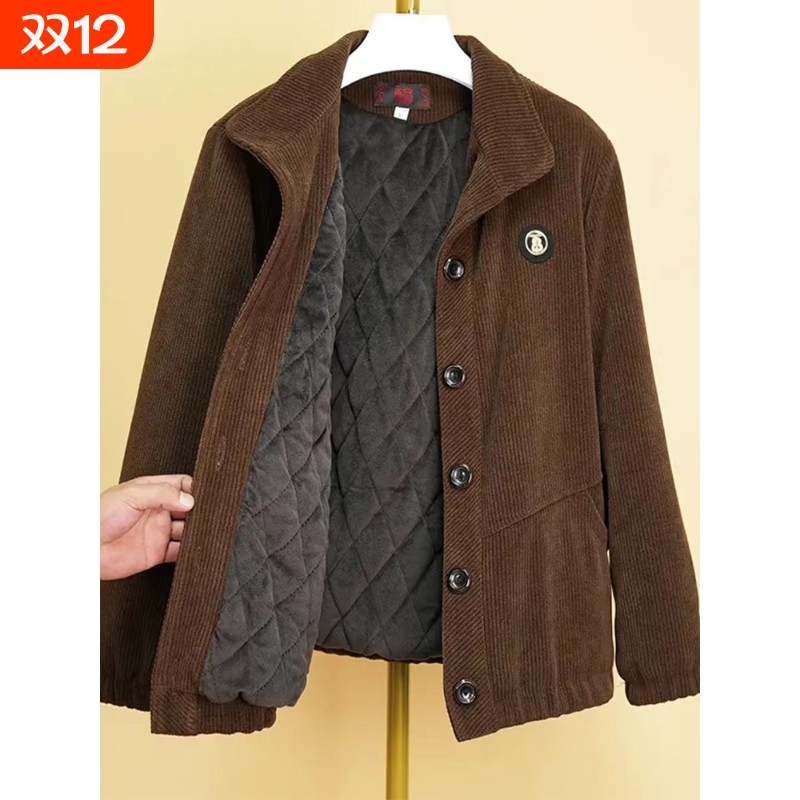 妈妈秋冬外套条绒纯色加绒上衣中老年女装灯芯绒翻领扣子开衫夹克