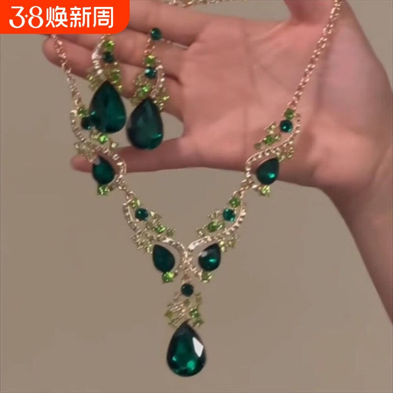 复古夸张水滴项链耳环套装绿色欧美风轻奢重工独特高级感锁骨链女