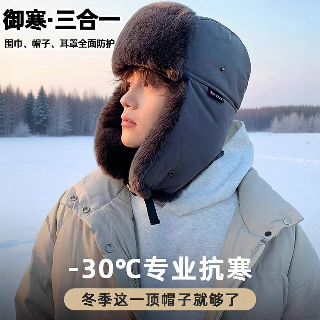 帽子男雷锋帽冬季防寒棉帽行东北大头围保暖加绒加厚抗寒黑色骑行