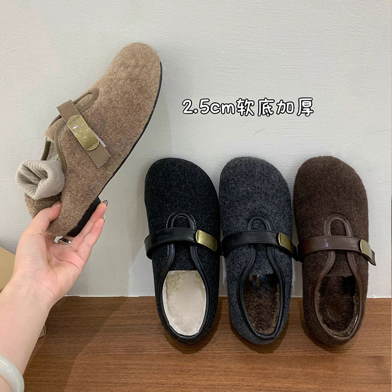 厚底毛呢加绒勃肯鞋女2025秋冬新款灰色保暖棉鞋平底玛丽珍毛毛鞋