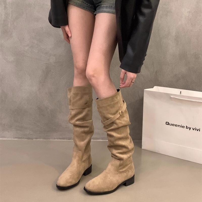 粗跟绒面卡其色堆堆中筒骑士靴女鞋2025新款秋冬季显瘦长筒长靴子