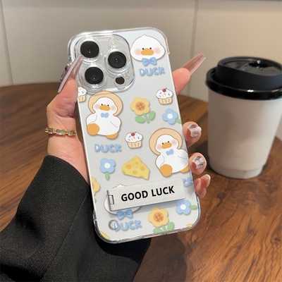 iPhone16透明15适用硬14plus无边框苹果13超薄手机壳带支架12ProMax高级感带帽鸭OPPOReno14VIVOX100S一加13