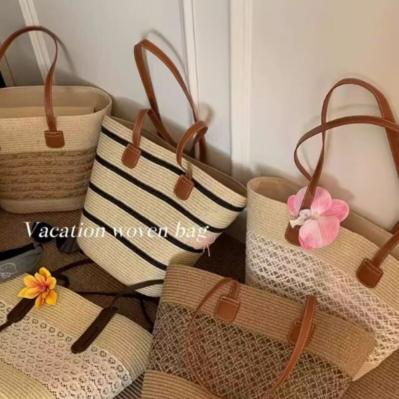 法式田园风草编包包女夏季海边沙滩大容量单肩包时尚通勤托特包