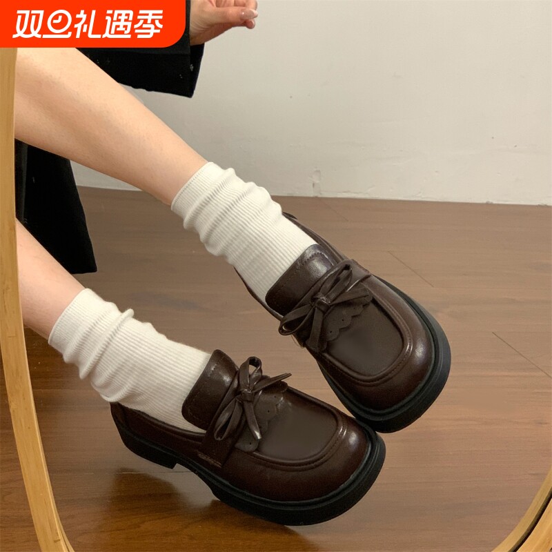 法式蝴蝶结厚底小皮鞋女2025年秋冬季新款复古英伦风乐福鞋jk单鞋