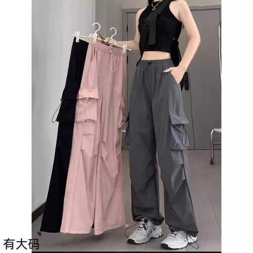 速干工装裤女款2026新款夏季休闲阔腿小个子运动裤子大码薄款黑色