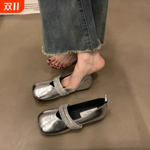 单鞋 玛丽珍女鞋 女一脚蹬配裙子气质平底银色法式 小皮鞋 子2025新款