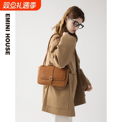 EMINI HOUSE/伊米妮小方包四季通用植鞣皮真皮百搭邮差单肩斜挎包