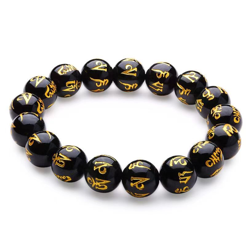 黑曜石红玛瑙六字真言烫金手链男女通用佛珠手镯情侣闺蜜生日礼物