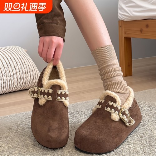 加绒勃肯鞋女2025新款秋冬季毛绒棉鞋全包博肯鞋厚底增高毛毛鞋子