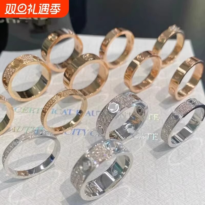 高版本情侣戒指男女镀18K玫瑰金满天星指环素圈钉子IN黄金刻字图片