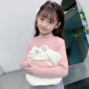 女童长袖T恤德绒打底衫2025冬季半高领白色内搭加绒洋气儿童双面