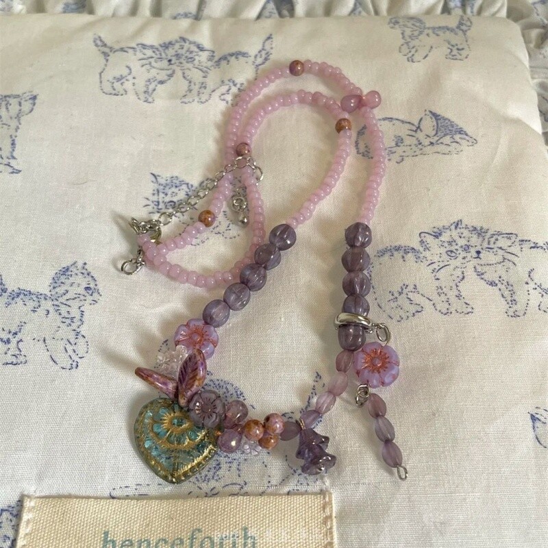 「桑葚清酒」紫色清新爱心吊坠花朵串珠春夏vintage爆款项链锁