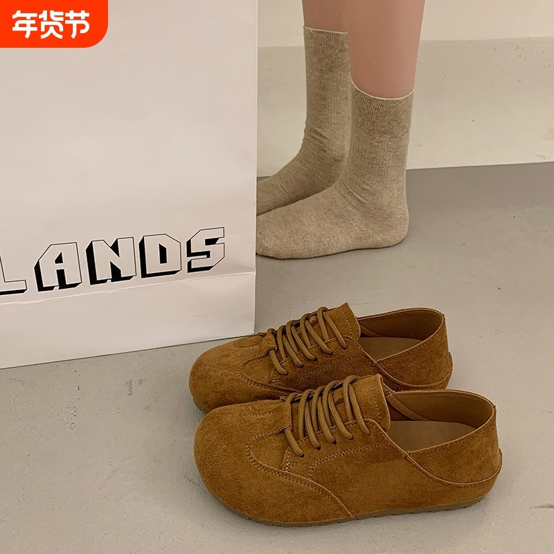 大头丑萌鞋女奶奶鞋两穿反绒皮软底单鞋平底圆头磨砂百搭棕色浅口,女鞋,勃肯鞋/软木鞋,淘宝优惠券,粉丝福利购,淘宝优惠卷