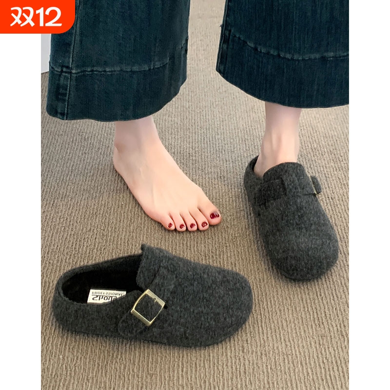 灰色毛毡勃肯鞋半拖女2025新款秋冬加绒一脚蹬懒人外穿包头棉拖鞋
