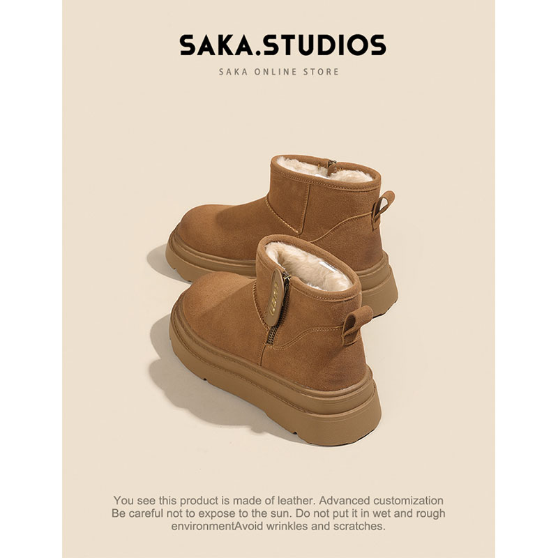 saka真皮！厚底雪地靴女2025冬季新款防滑加绒棉鞋女短靴防水毛绒