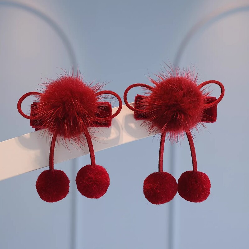 儿童发卡头饰公主顶夹新年喜庆对夹宝宝毛球蝴蝶结发夹粉色紫色