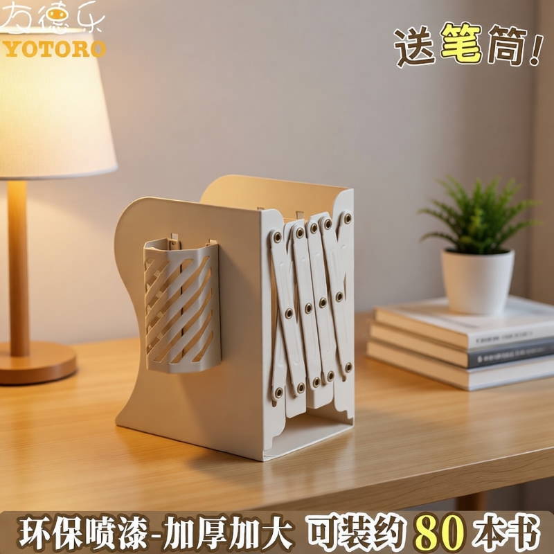 可伸缩金属书立带笔筒书架桌面书本折叠固定书本收纳架一体挡板学习用简易大容量书本收纳架