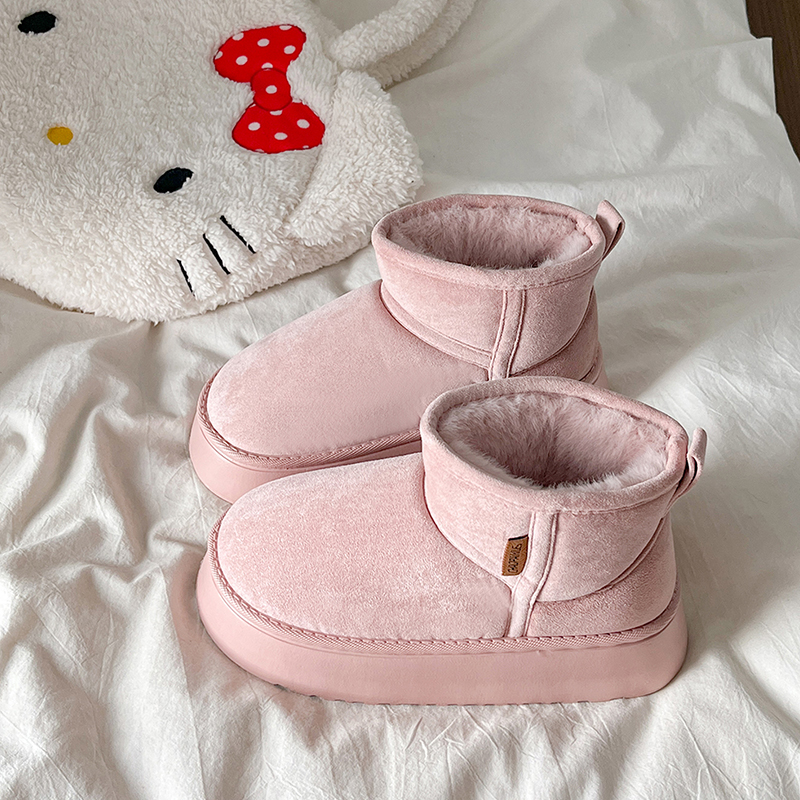粉色雪地靴女2025冬季加绒加厚保暖厚底棉鞋防水白色毛绒短筒红色