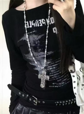 哥特十字架长款项链重工Y2K亚文化少女仿珍珠轻奢辣妹卫衣链配饰
