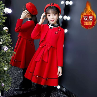 儿童公主裙洋气宝宝童装 红色毛呢套装 韩版 女童秋冬连衣裙2025新款
