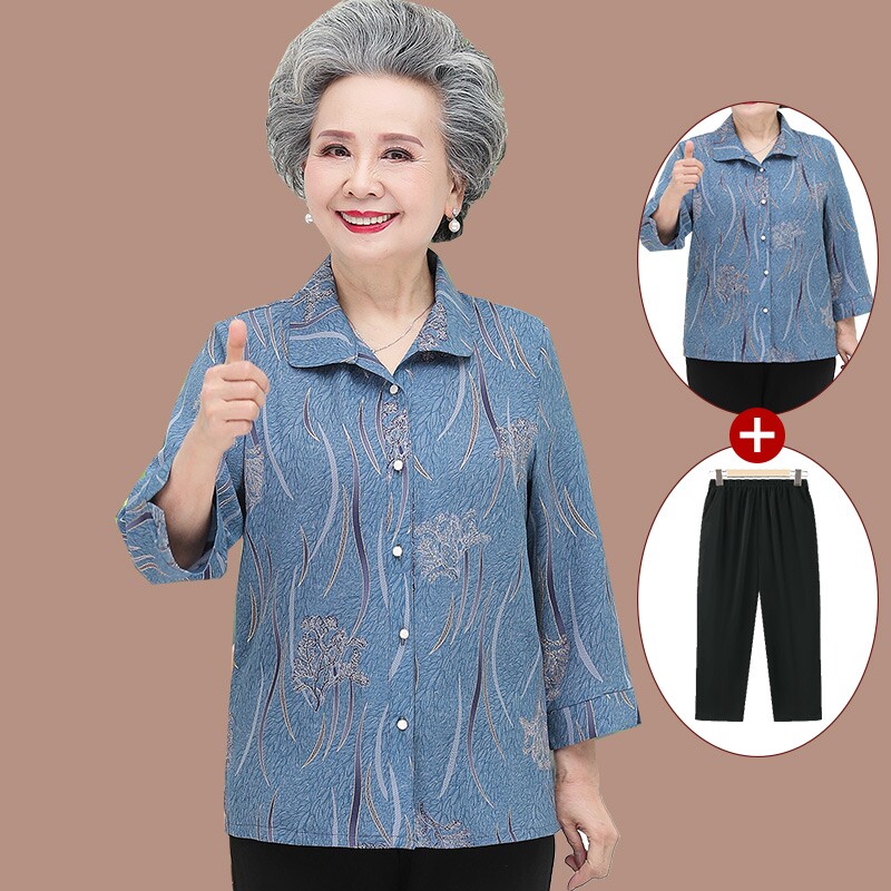妈妈春季衬衫中老年人女装衬衣60奶奶春夏薄款上衣70岁老太太衣服