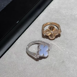 新款 戒指灰贝母双面可带18k玫瑰金 限定品质白金紫玉髓可翻转式