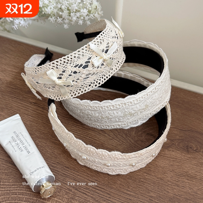 高级感米色刺绣仿珍珠宽边发箍女