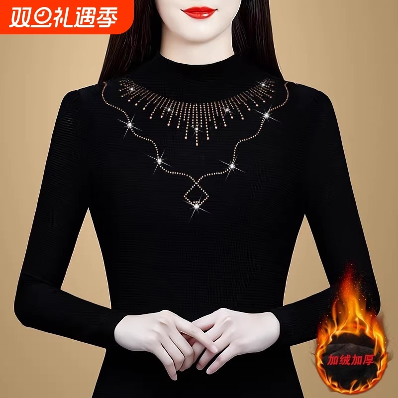 上衣女秋冬装半高领德绒洋气加厚中年妈妈打底衫内搭加绒红色黑色