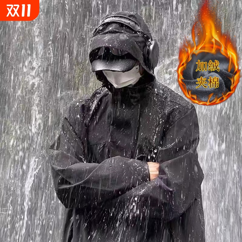 加绒夹棉冲锋衣男款防风防水大码黑武士秋冬户外夹克外套防雨黑色