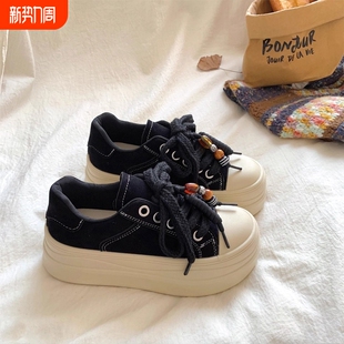 复古串珠厚底松糕板鞋 女2026秋冬新款 ins百搭黑色帆布鞋 大发少女