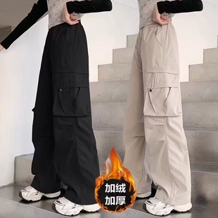 女童裤子工装直筒儿童秋冬加绒长裤冬季新款休闲裤黑色阔腿窄版