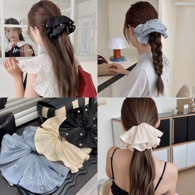 春夏流光褶皱珍珠裙摆大肠发圈高级感气质发饰女扎发皮筋头花发绳