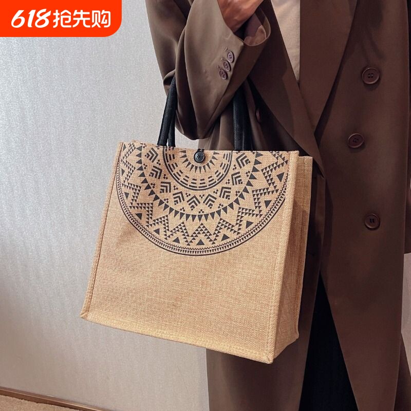 简约包包女手提包2024新款麻布大容量托特包上班通勤帆布手提袋