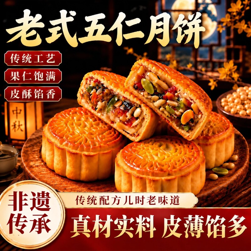传统月饼老式五仁馅料适中不齁甜中秋送礼广式传统糕点官方旗舰店